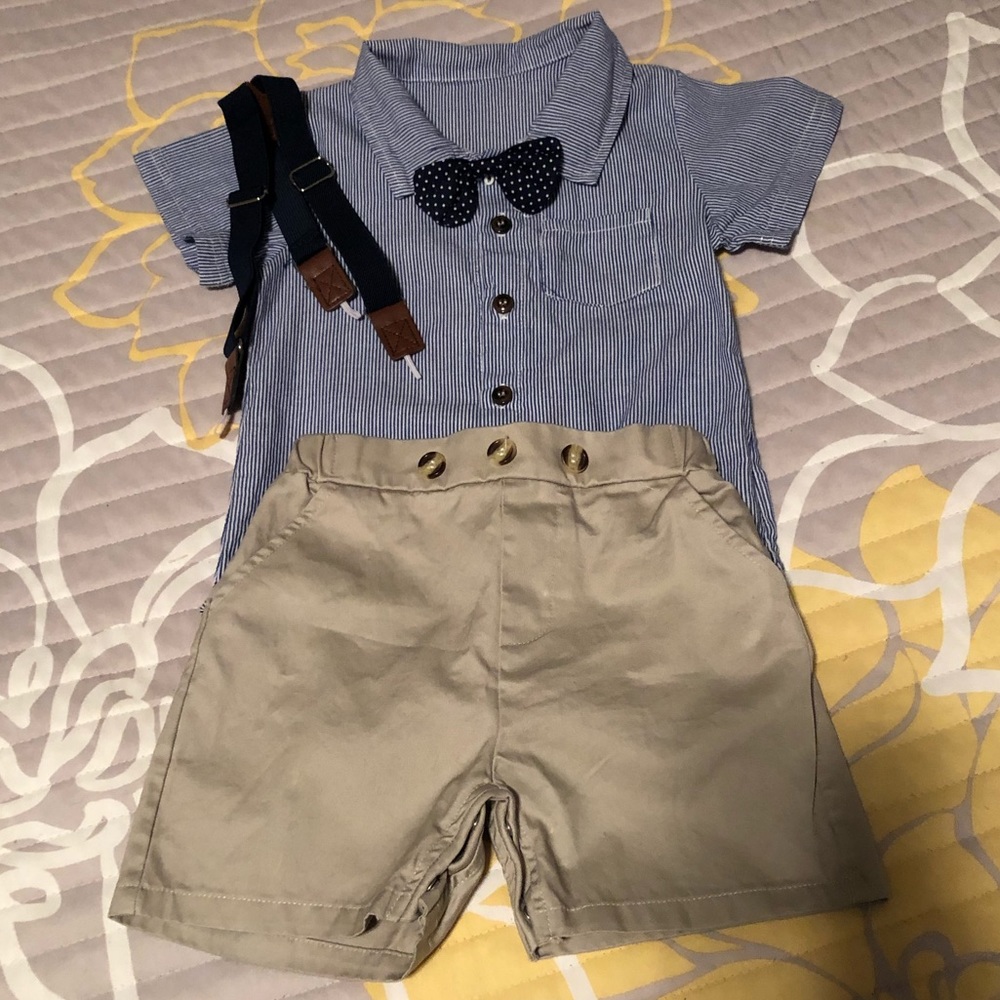 Adorable boy’s suspenders & tie outfit